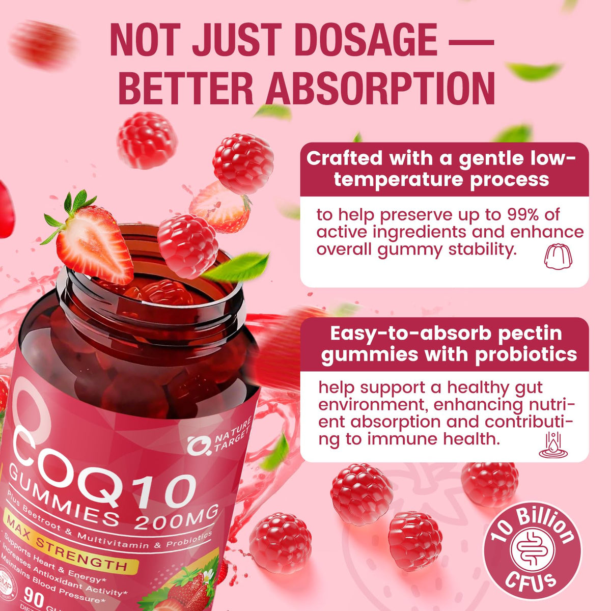 NATURE TARGET Gummies CoQ10 200mg, présentation avec fruits frais
