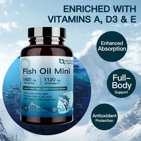 NATURE TARGET Huile de Poisson Mini 1400 mg, gélules à côté d'un verre d'eau
