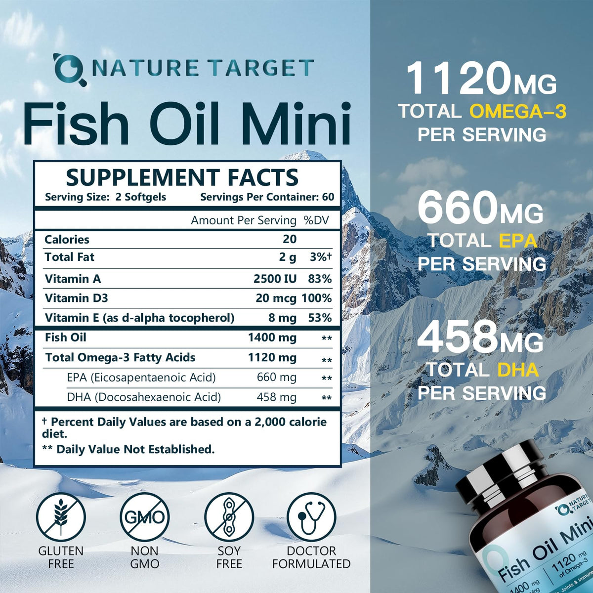 NATURE TARGET Huile de Poisson Mini 1400 mg, gélules molles sur fond blanc