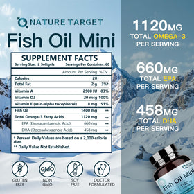 NATURE TARGET Huile de Poisson Mini 1400 mg, gélules molles sur fond blanc