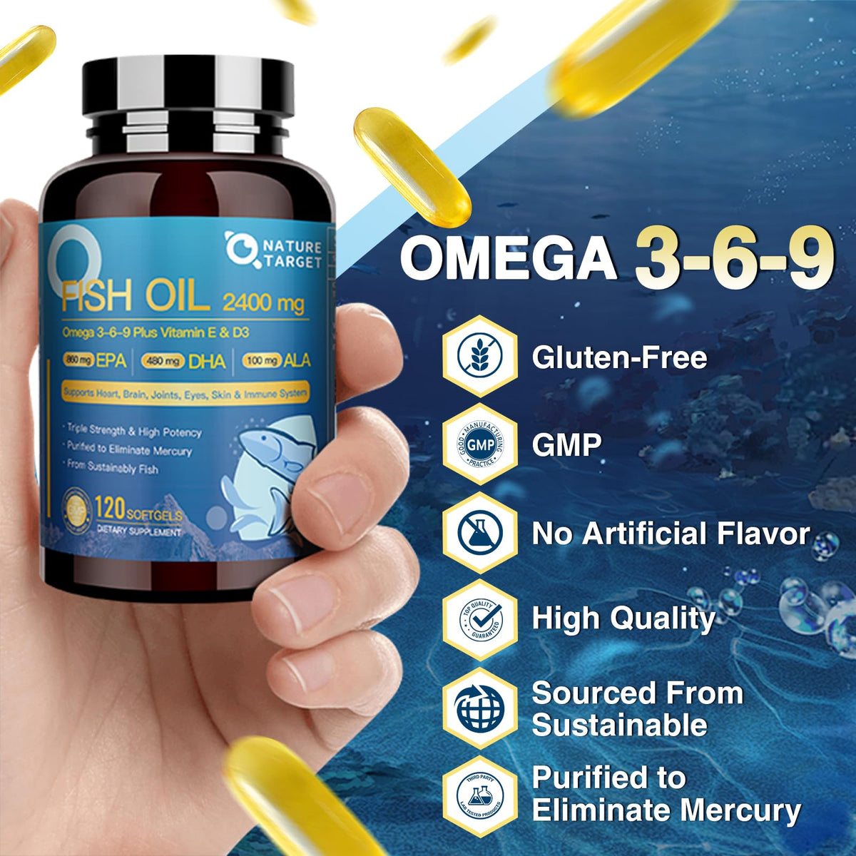 NATURE TARGET Huile de Poisson Triple Omega 3 6 9 2400mg gélules en gros plan