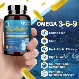 NATURE TARGET Huile de Poisson Triple Omega 3 6 9 2400mg gélules en gros plan