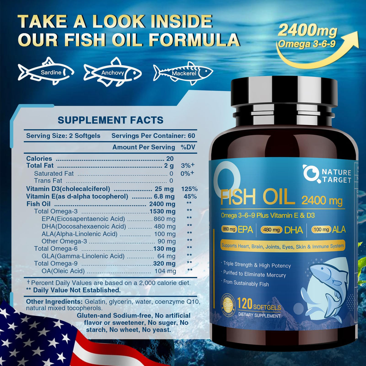 NATURE TARGET Huile de Poisson Triple Omega 3 6 9 2400mg gélules sur fond blanc
