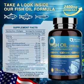 NATURE TARGET Huile de Poisson Triple Omega 3 6 9 2400mg gélules sur fond blanc