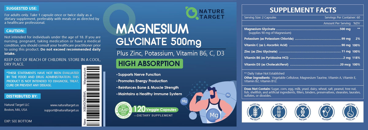 NATURE TARGET Magnésium Glycinate 500 mg capsules avec ingrédients listés