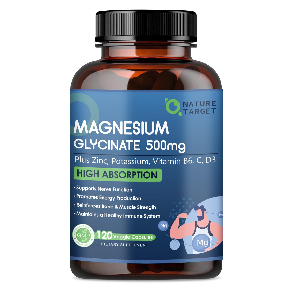 NATURE TARGET Magnésium Glycinate 500 mg flacon de 120 capsules végétales