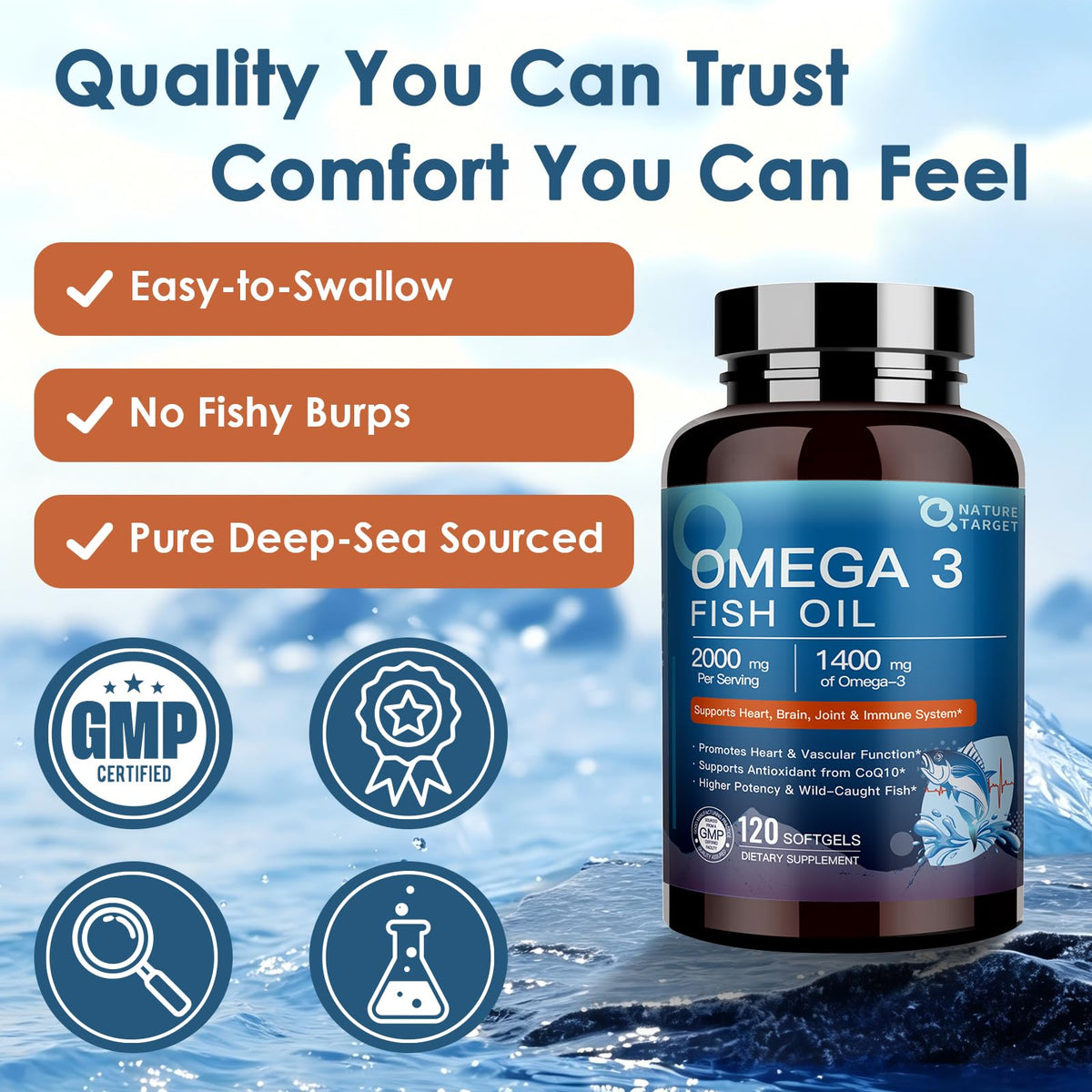 NATURE TARGET Omega 3 Huile de Poisson gélules dans une main