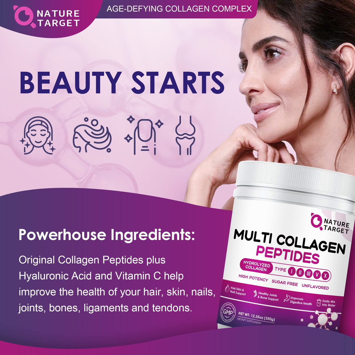 NATURE TARGET Poudre de Collagène Multi Collagène 399g avec cuillère doseuse