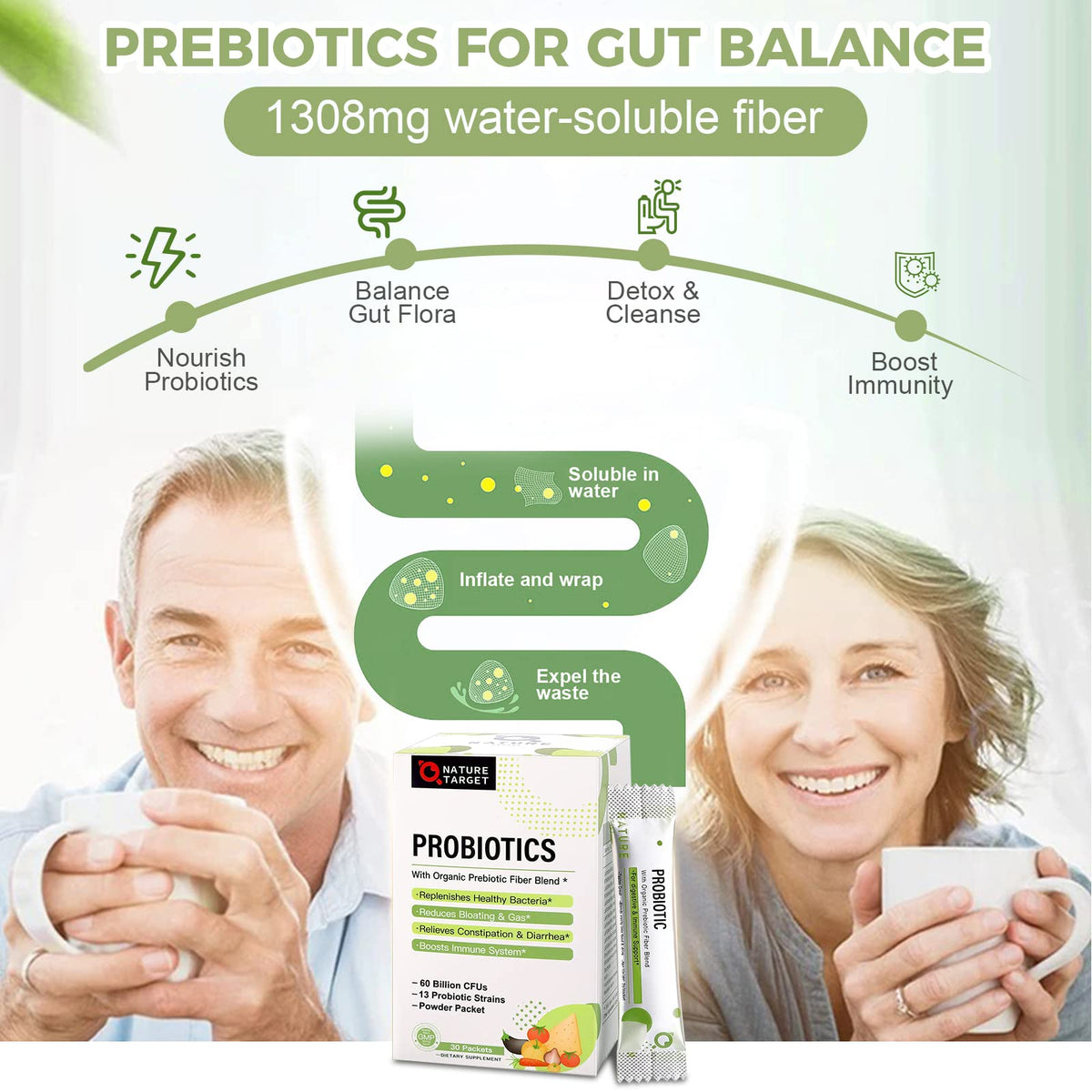 NATURE TARGET Poudre Probiotique 60 Milliards CFU mélange dans un verre