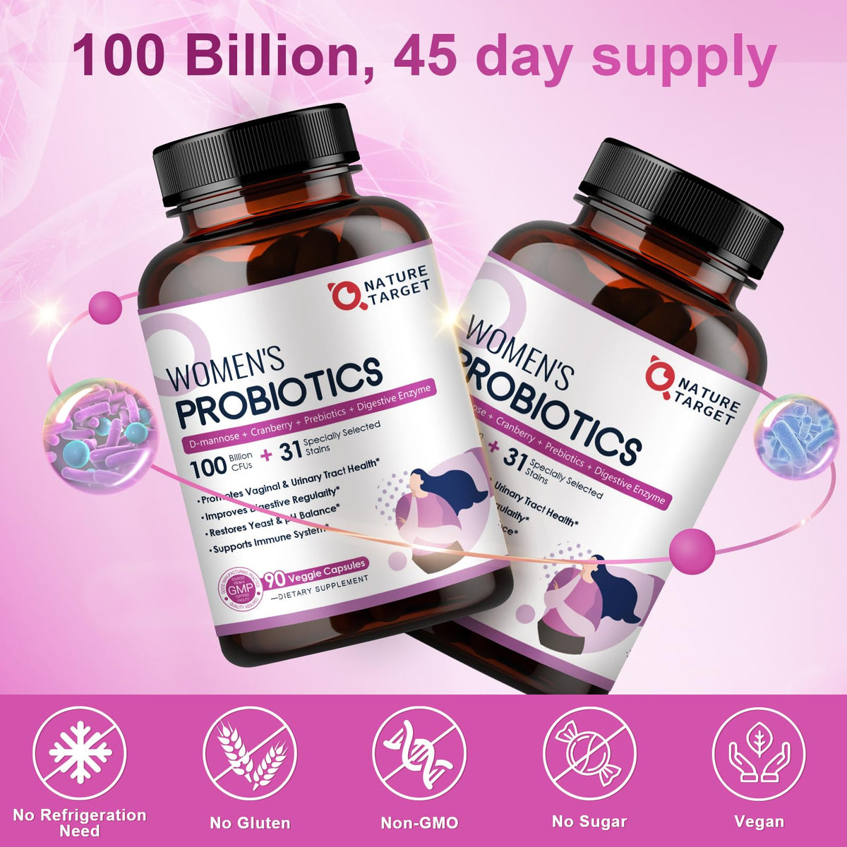 NATURE TARGET Probiotiques pour Femmes bouteille ouverte avec capsules