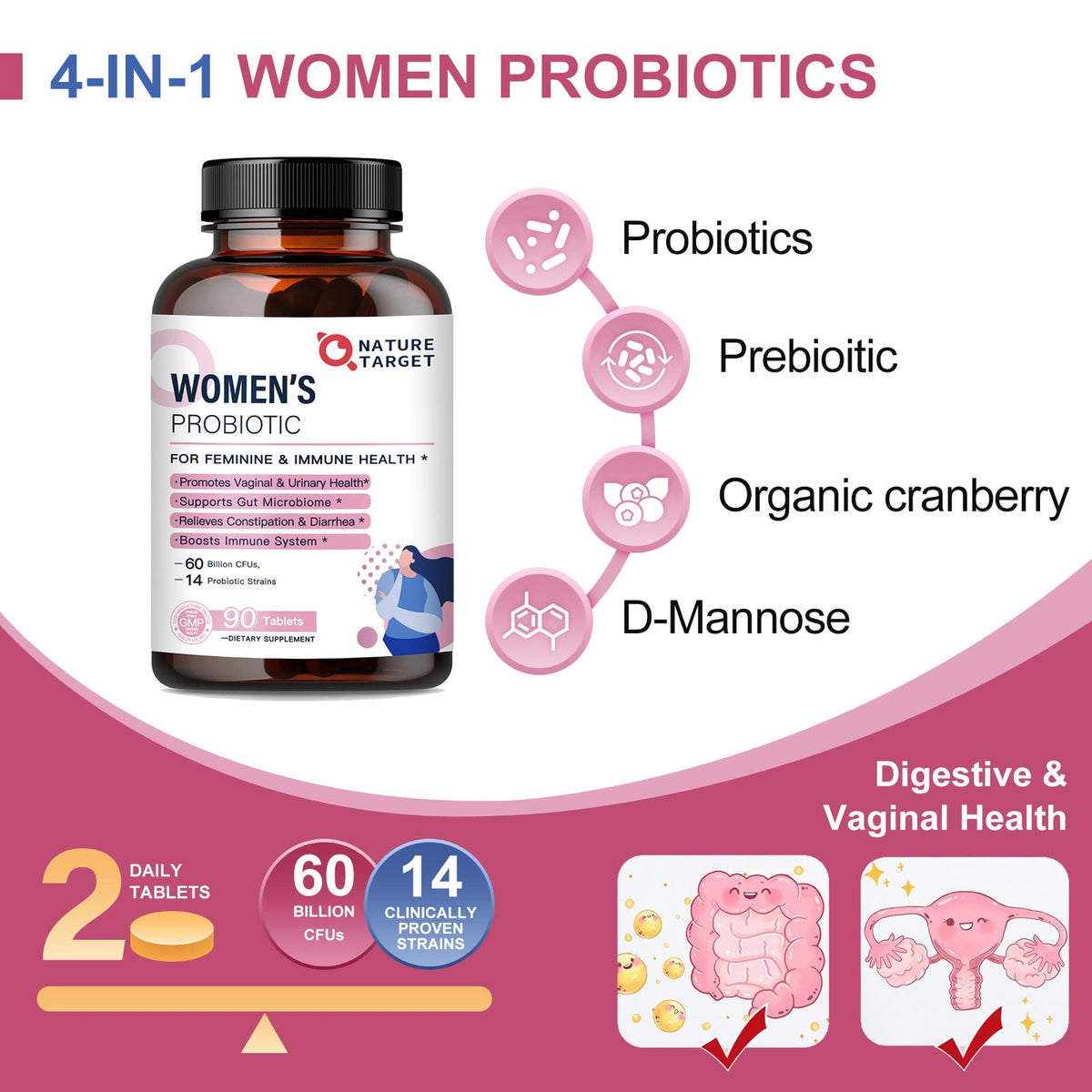 NATURE TARGET Probiotiques pour Femmes comprimés sur une table