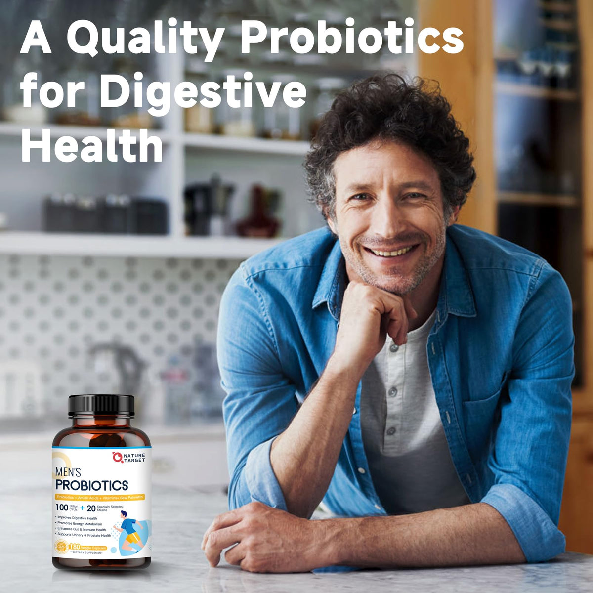 NATURE TARGET Probiotiques pour Hommes - capsules sur une table en bois