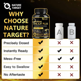 NATURE TARGET Shilajit Pur Himalayen 500mg capsules sur une table
