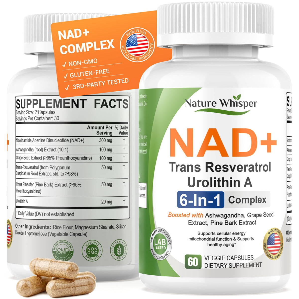 Nature Whisper complément alimentaire 620mg 6-en-1 avec Resvératrol, boîte avant