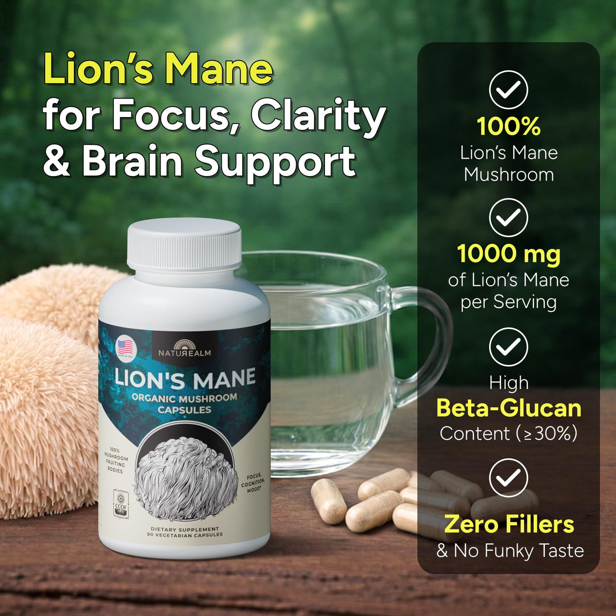 Naturealm Capsules de Champignon Lion's Mane avec étiquette sur le flacon