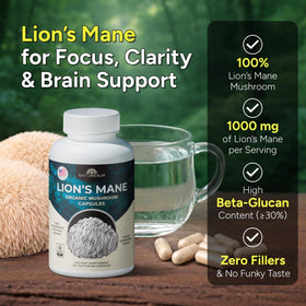 Naturealm Capsules de Champignon Lion's Mane avec étiquette sur le flacon