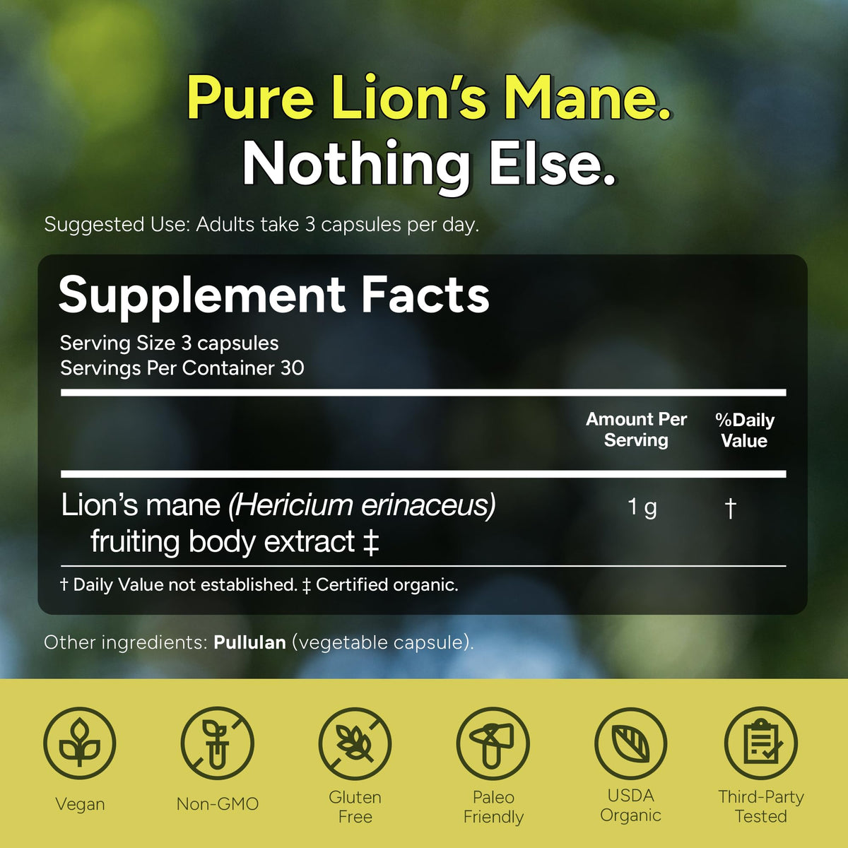Naturealm Capsules de Champignon Lion's Mane avec un plan rapproché des capsules