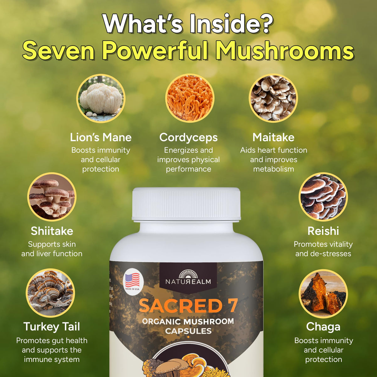 Naturealm Complément Alimentaire Champignons 7-en-1 capsules sur fond blanc