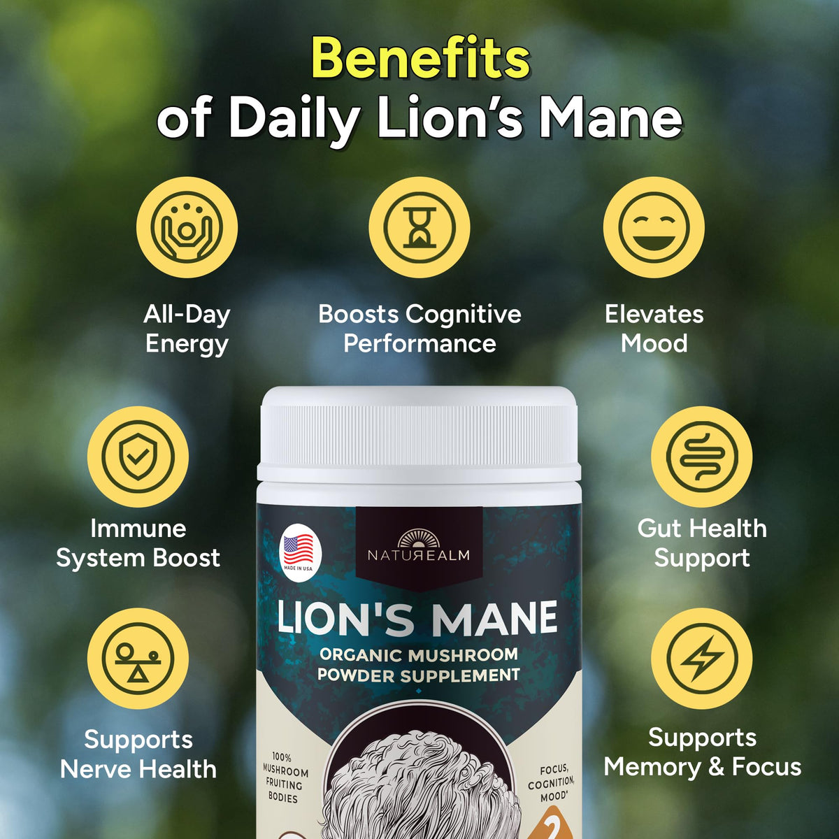 Naturealm Poudre de Mane de Lion Bio 60 Portions contenant ouvert