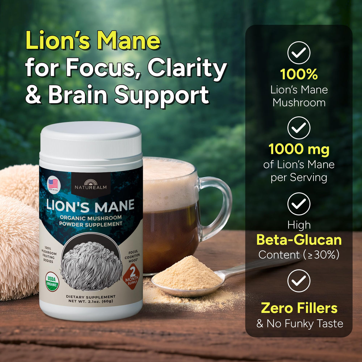 Naturealm Poudre de Mane de Lion Bio 60 Portions vue arrière