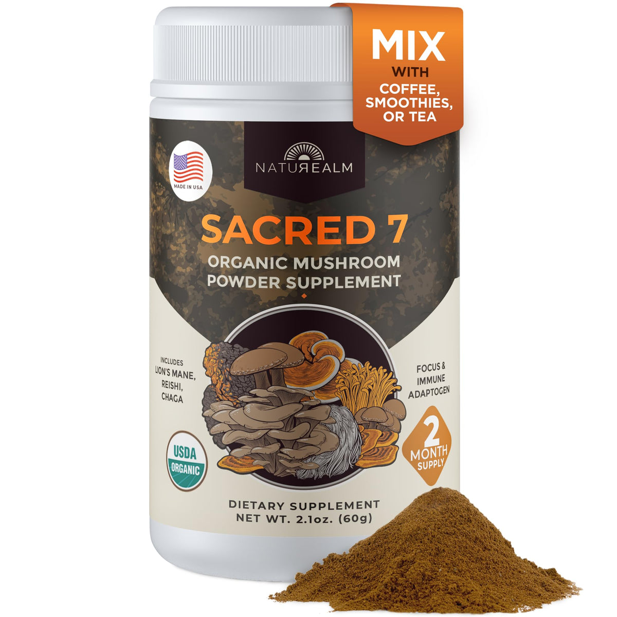 Naturealm Sacred 7 Poudre de Champignons Bio 1000mg Pot de 100g