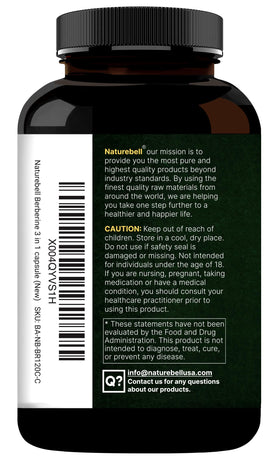 NatureBell Berbérine 1 500 mg, capsules végétales sur une table