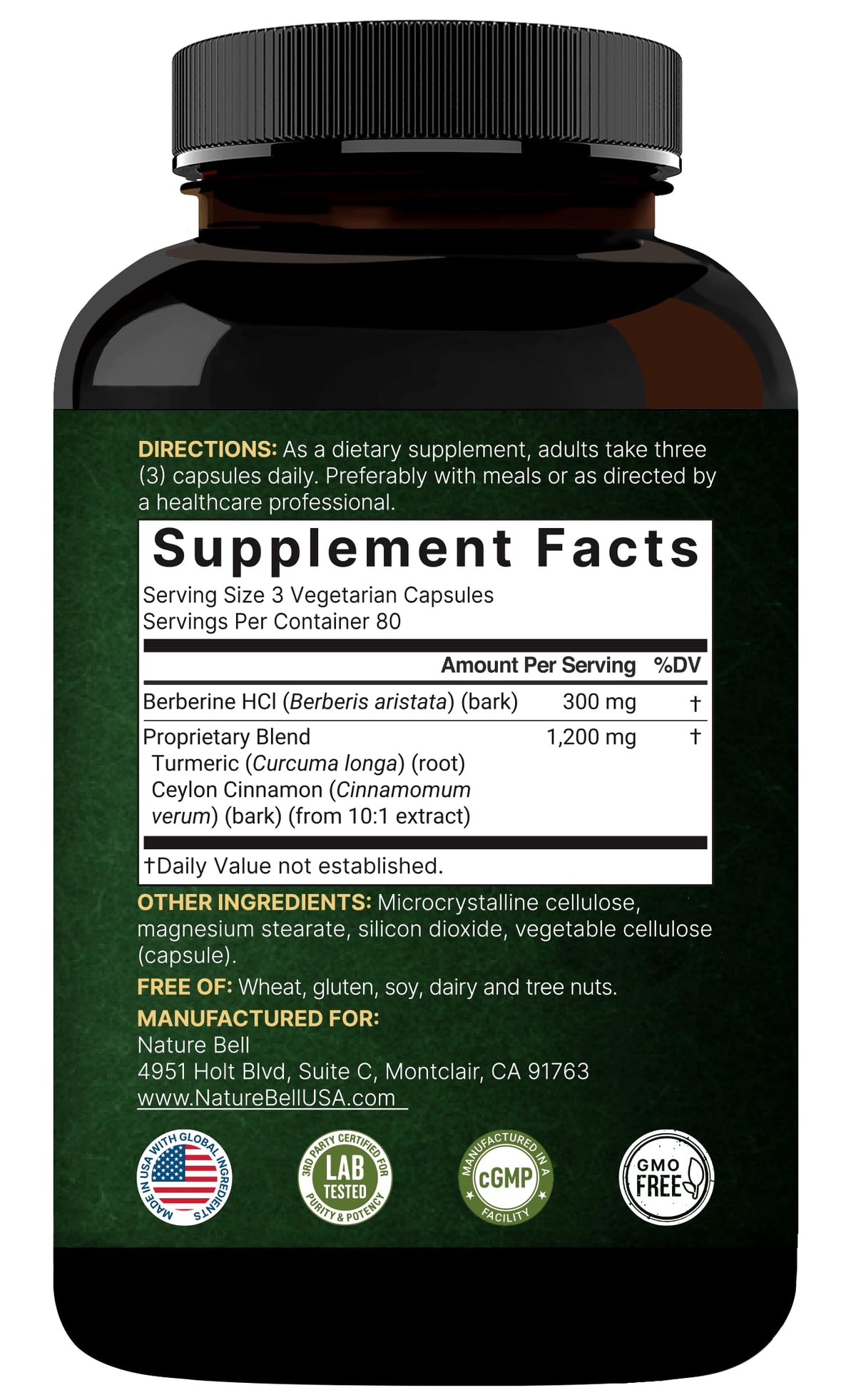NatureBell Berbérine 1 500 mg, flacon ouvert avec capsules