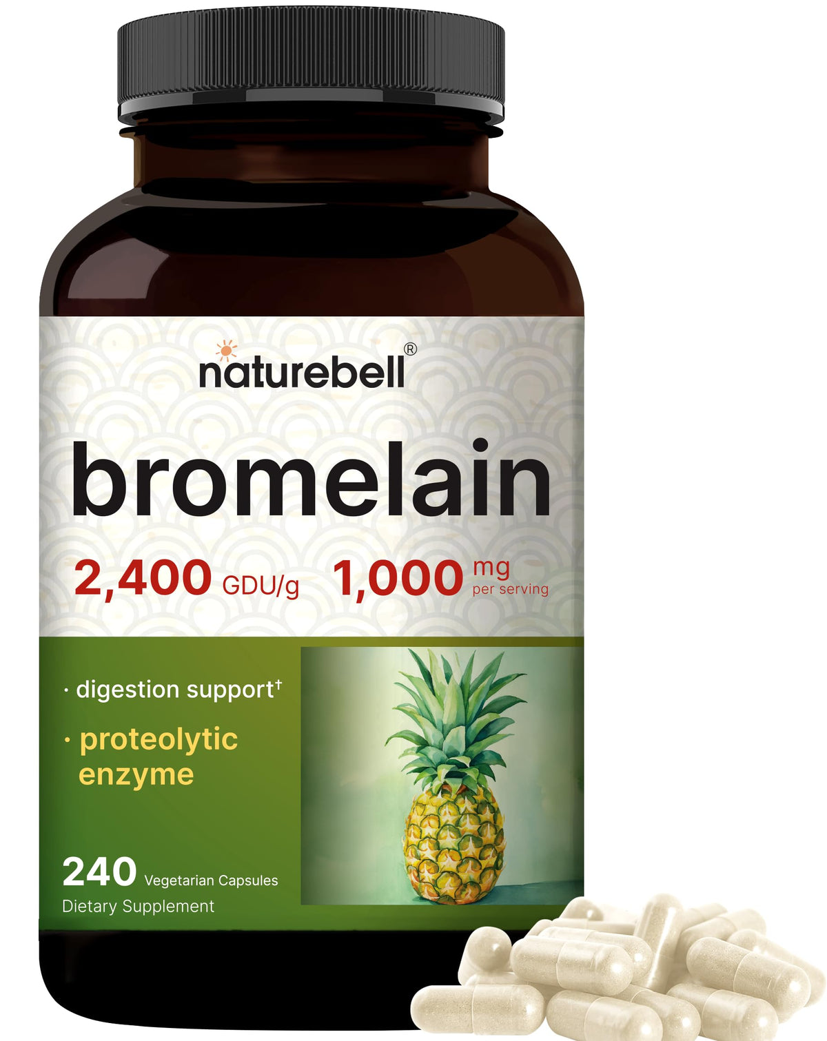 NatureBell Bromélaïne 1000mg 240 capsules végétales, vue de face