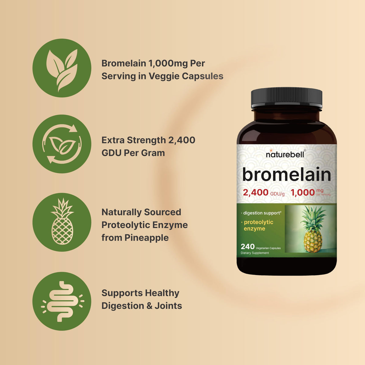 NatureBell Bromélaïne 1000mg, capsules végétales sur fond blanc