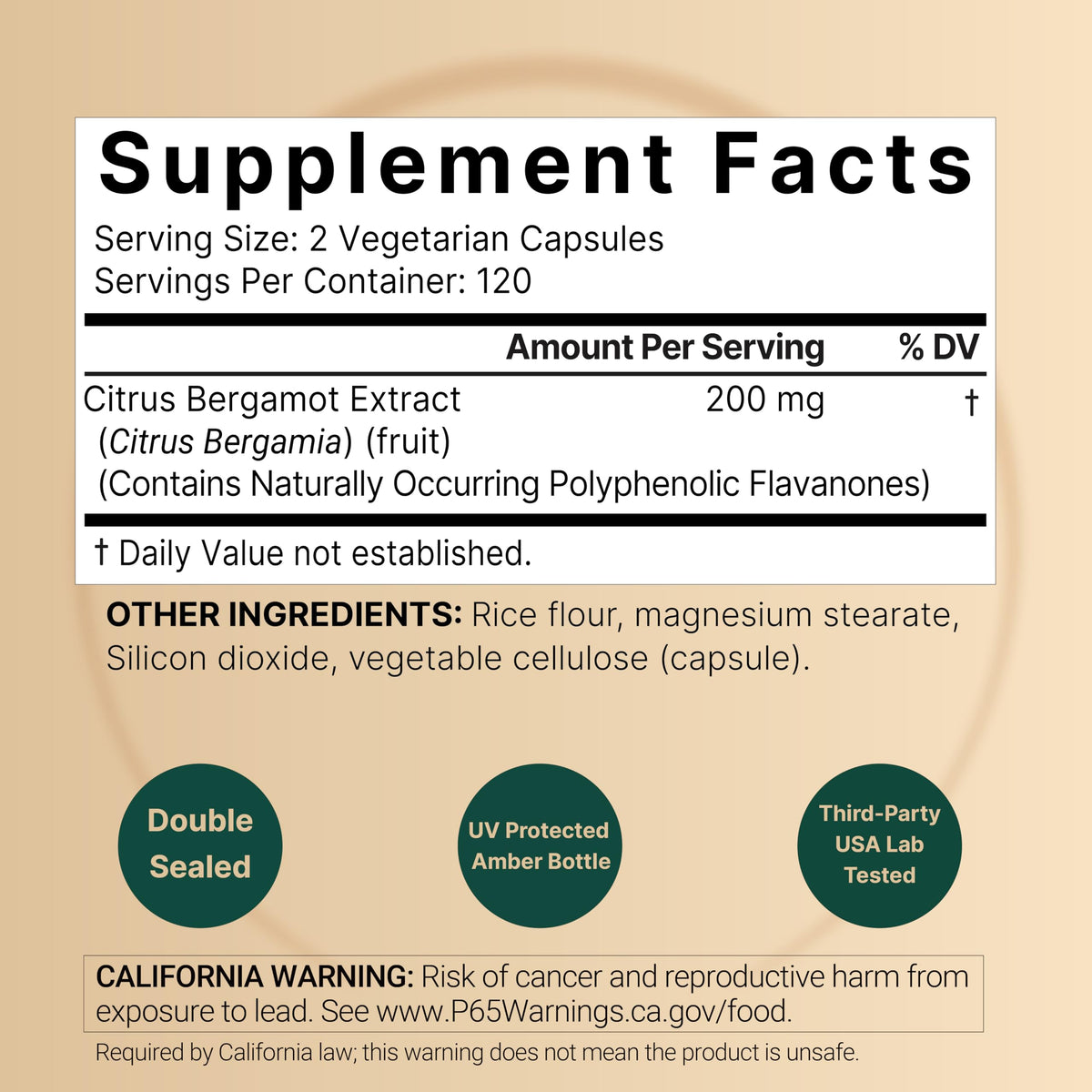 NatureBell Citrus Bergamot 240 capsules vegetarian side view