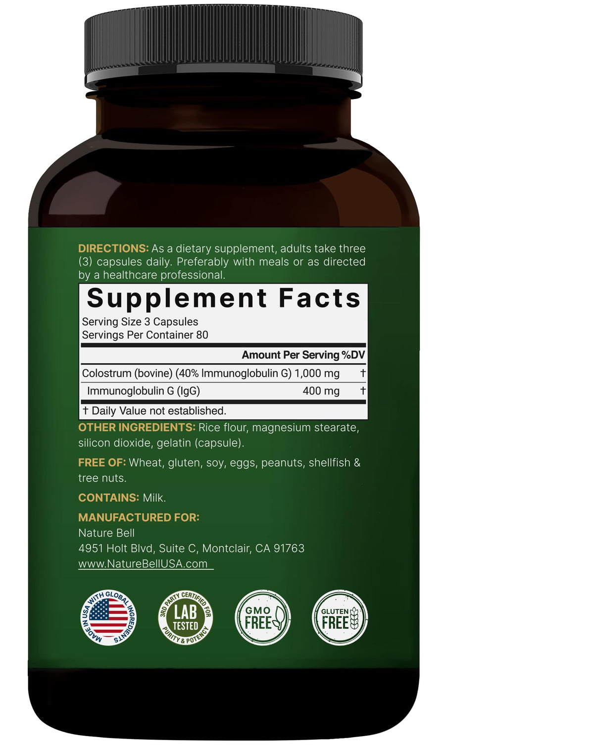NatureBell Colostrum 240 capsules avec ingrédients sur l'étiquette