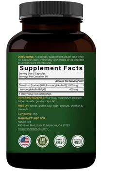 NatureBell Colostrum 240 capsules avec ingrédients sur l'étiquette
