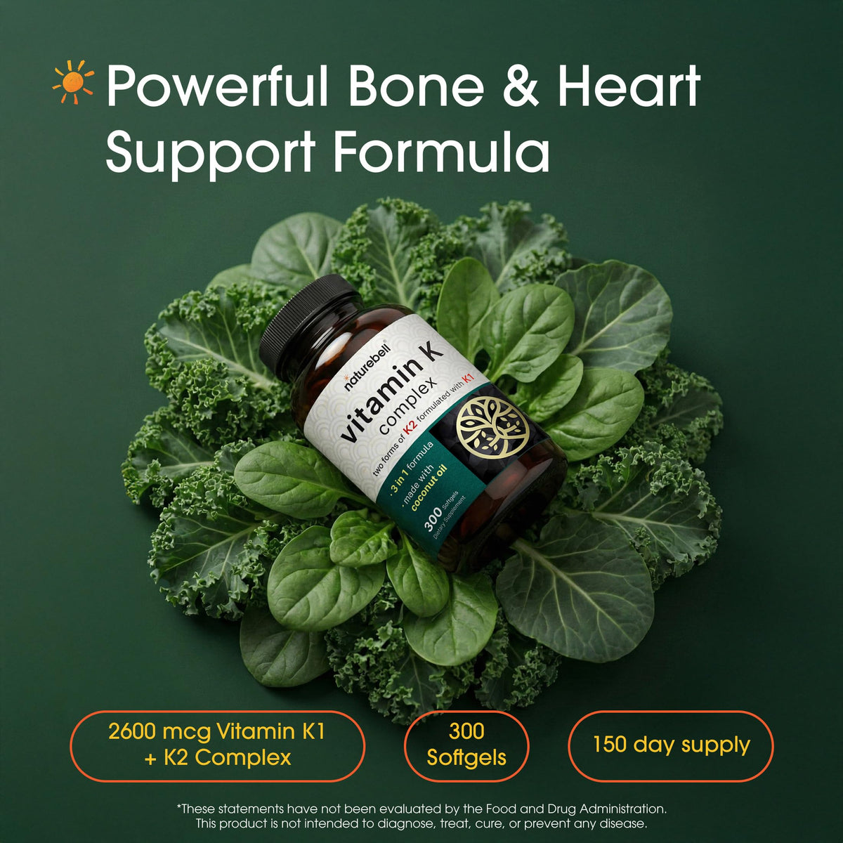 NatureBell Complex de Vitamine K 2 600mcg, gélules sur fond blanc