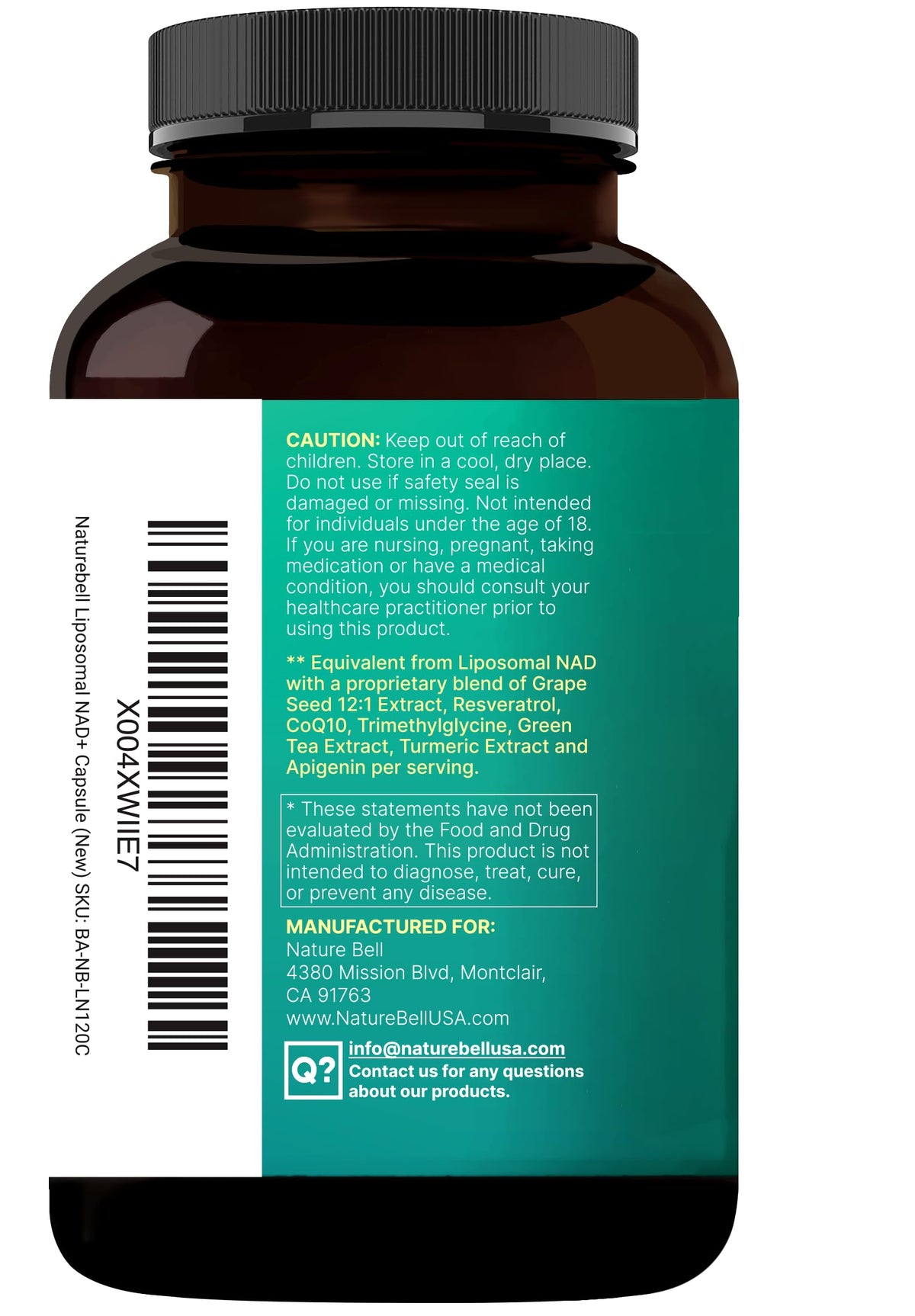 NatureBell Complex Liposomal NAD+ avec ingrédients naturels en arrière-plan