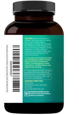 NatureBell Complex Liposomal NAD+ avec ingrédients naturels en arrière-plan