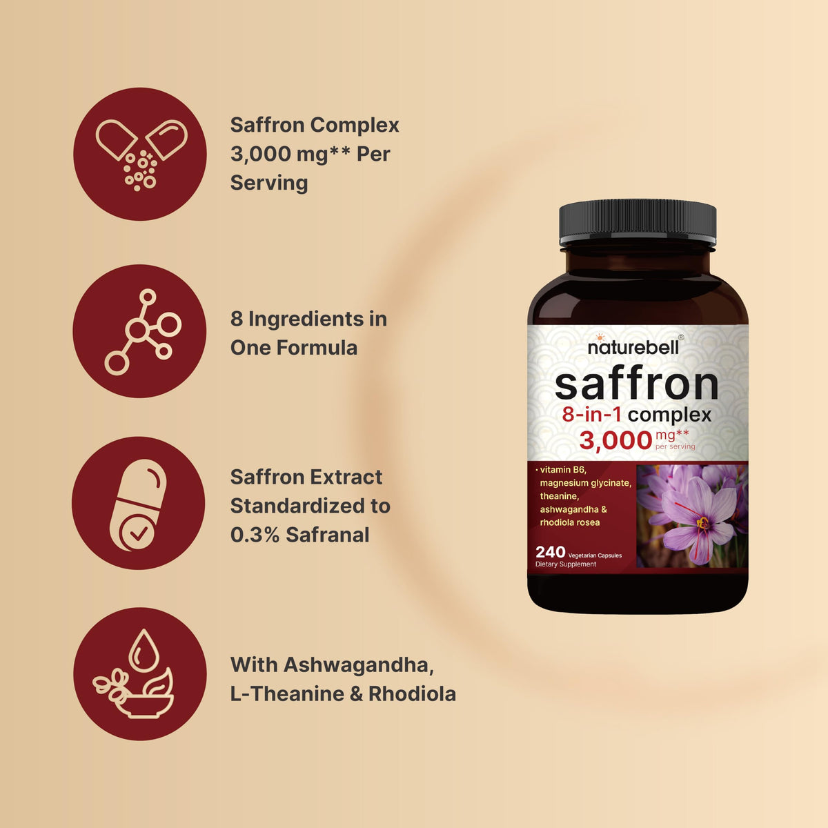 NatureBell Complex Safran 8-en-1 capsules végétariennes sur une table