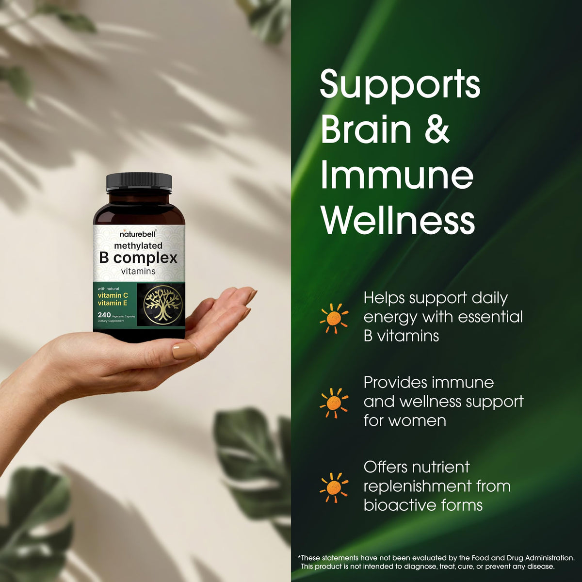 NatureBell Complexe de Vitamines B Méthylées, gélules végétariennes sur une cuillère