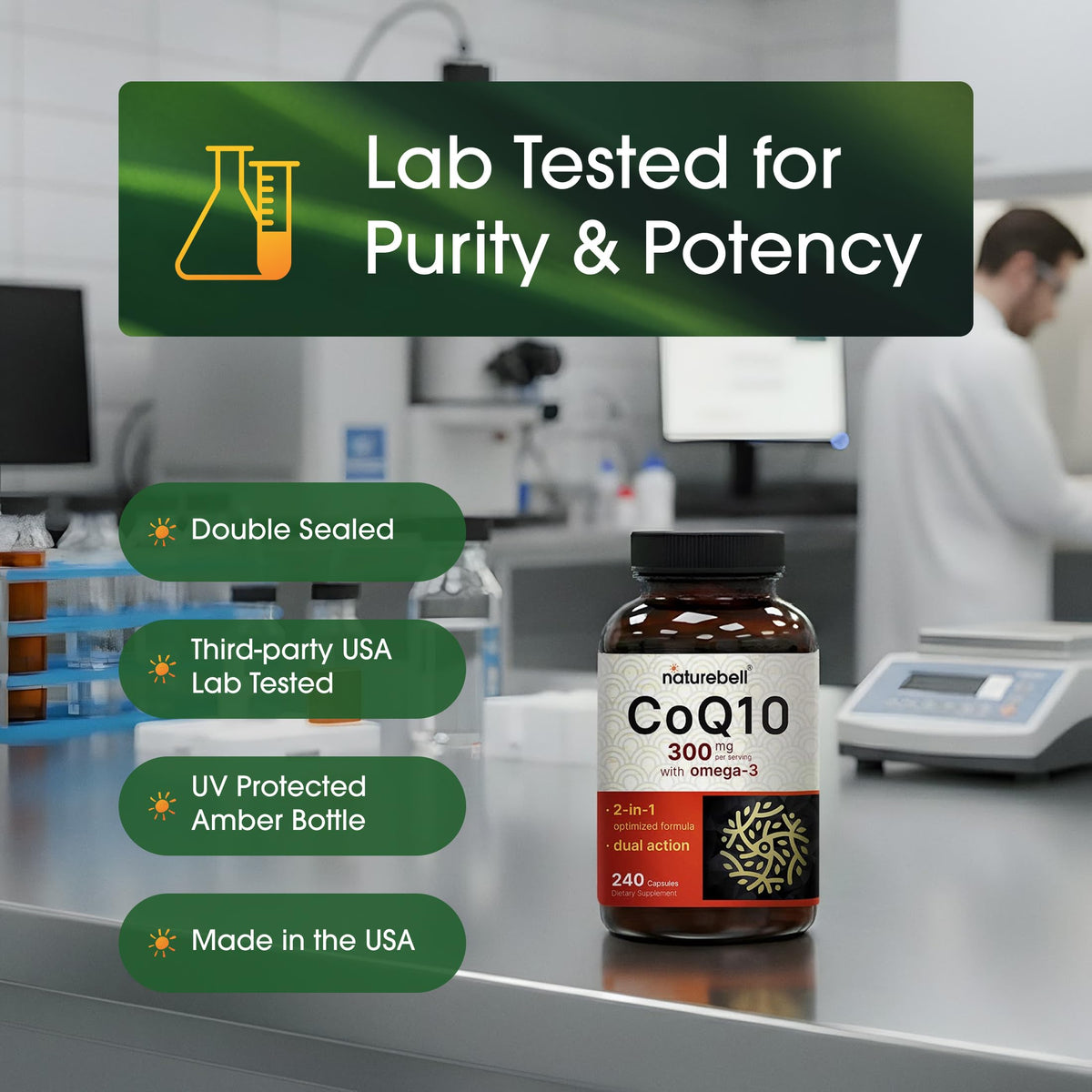 NatureBell CoQ10 300mg capsules sur une table
