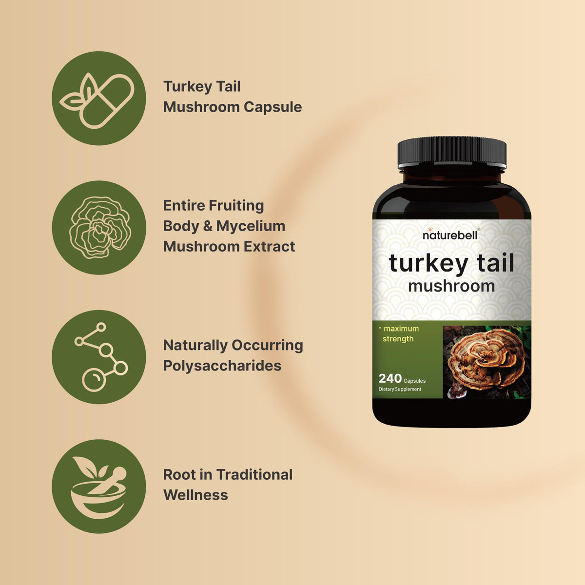 NatureBell Extraits de Champignon Turkey Tail sur un fond blanc