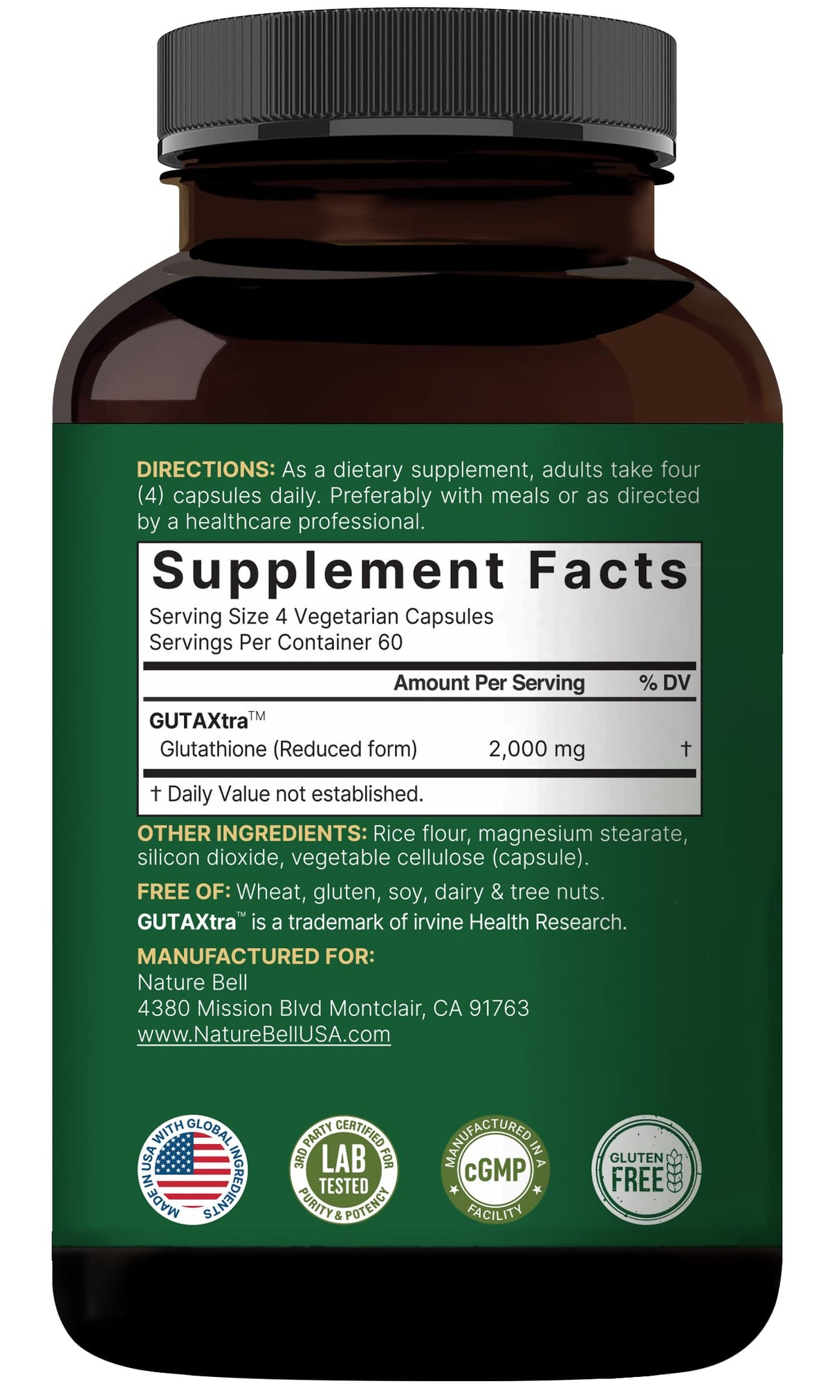 NatureBell Glutathione 240 capsules avec ingrédients listés