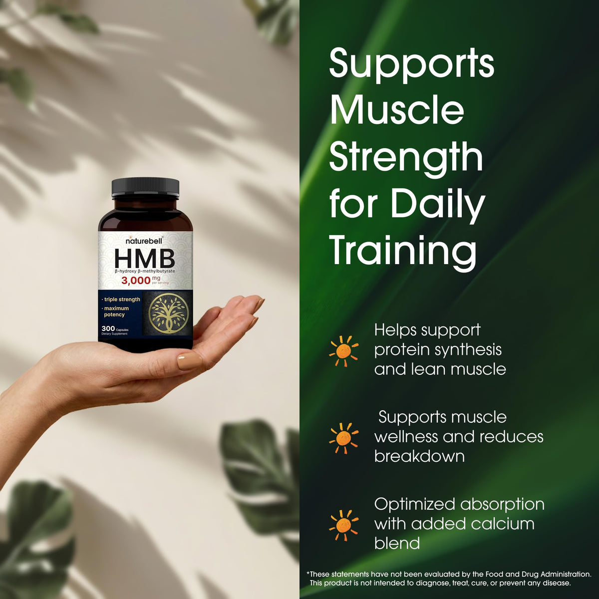 NatureBell HMB 3 000 mg capsules sur une table