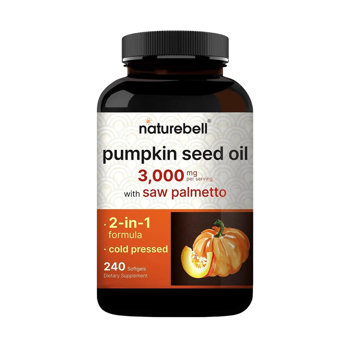 NatureBell Huile de Graines de Citrouille 3 000mg avec Saw Palmetto - vue avant du flacon