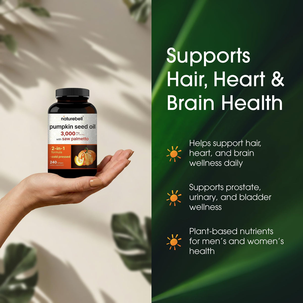 NatureBell Huile de Graines de Citrouille 3 000mg - flacon ouvert avec gélules visibles
