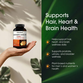 NatureBell Huile de Graines de Citrouille 3 000mg - flacon ouvert avec gélules visibles