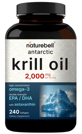 NatureBell Huile de Krill Antarctique sur une table avec des plantes