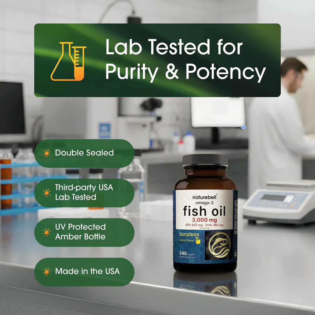 NatureBell Huile de Poisson Omega-3 240 gélules vue de côté