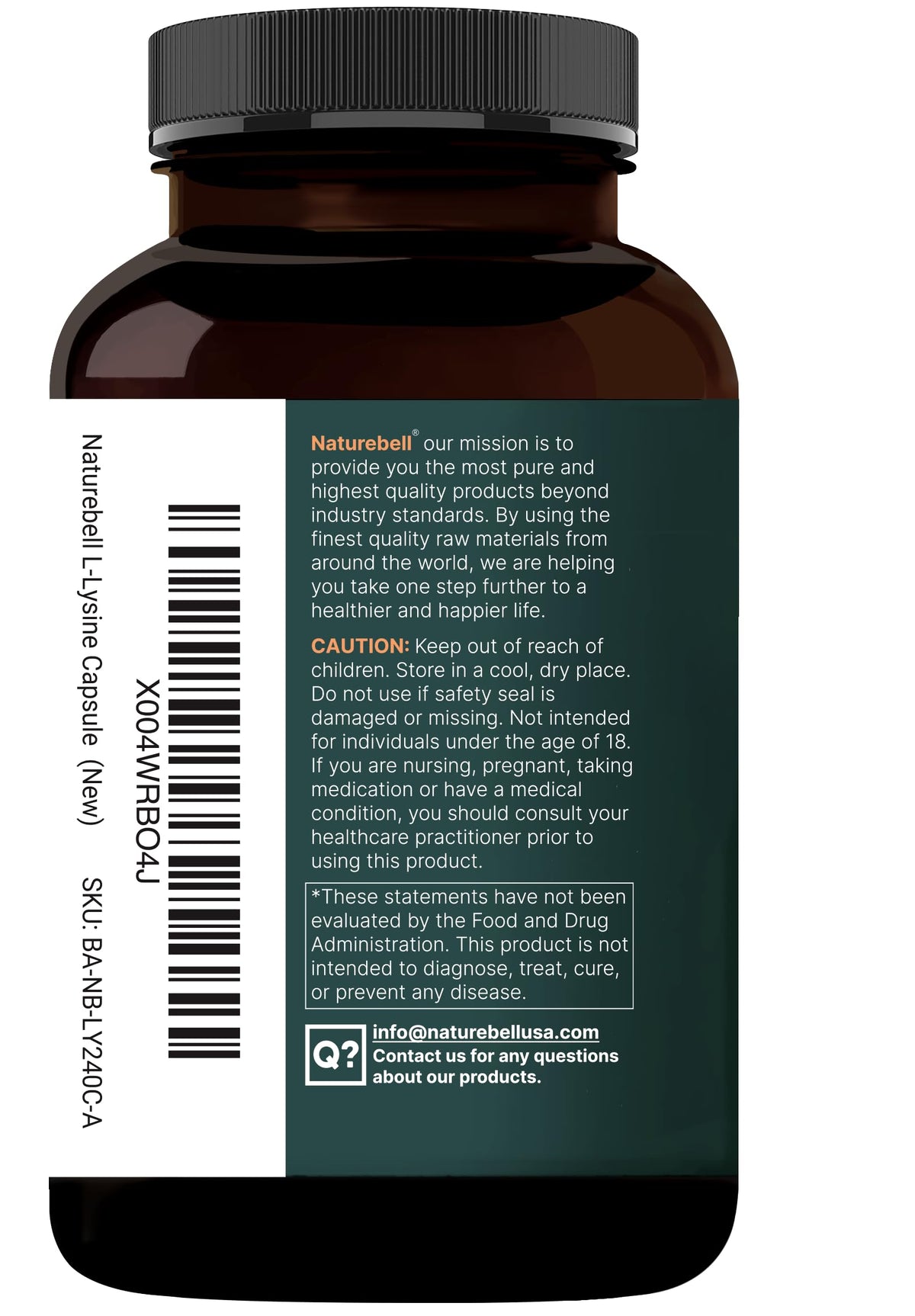 NatureBell L-Lysine 1000mg capsules displayed with a glass of water