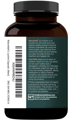 NatureBell L-Lysine 1000mg capsules displayed with a glass of water