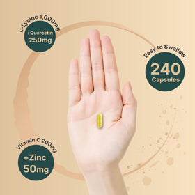 NatureBell L-Lysine 1000mg capsules on a wooden table