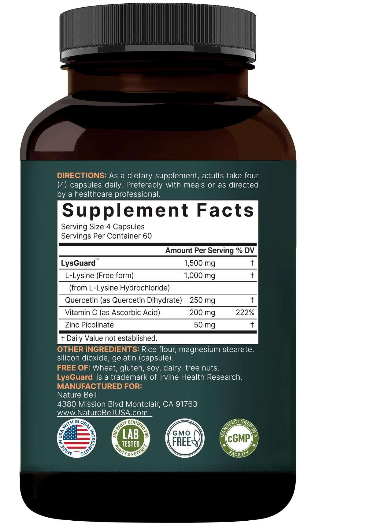 NatureBell L-Lysine 1000mg capsules with Vitamin C and Zinc